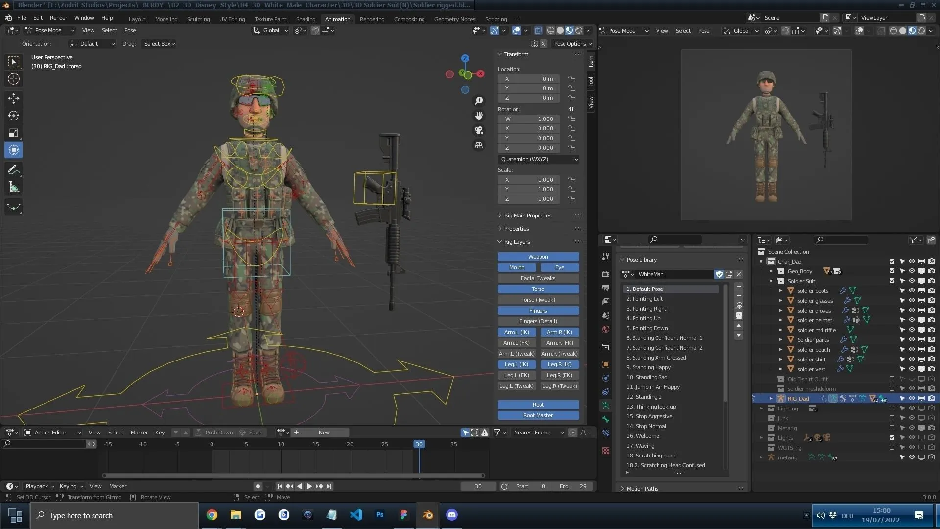 Cartoon Soldier Male Army Character - Rigged 3D Character in Blender with advanced face and body rig (Rigify)